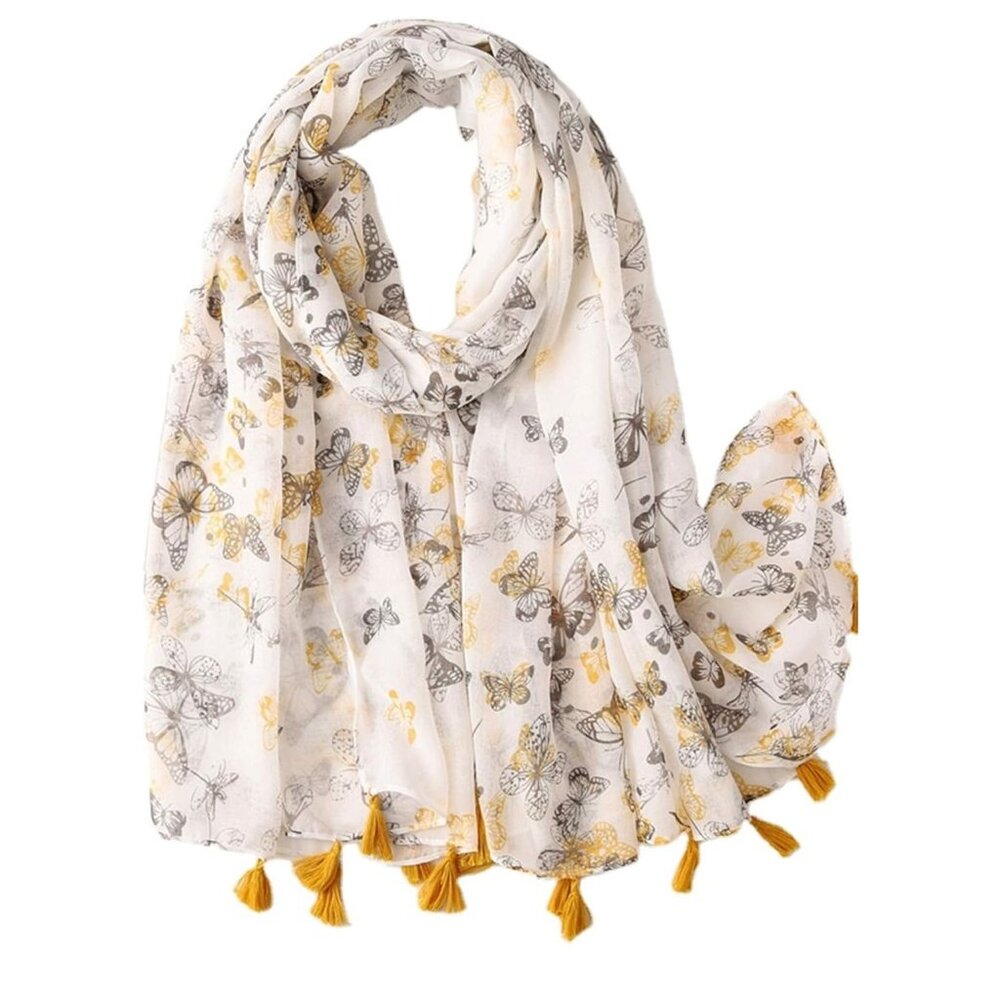 All-over butterfly  Print  Scarf‎ Tassels Lightweight womens shawl wrap